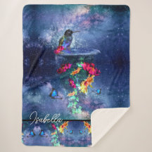 Flores tropicais, beija-flor, borboleta e estrelas