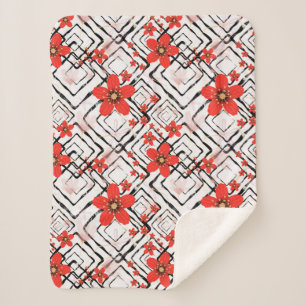 Cobertor Sherpa Flores vermelhas em fundo branco e preto.