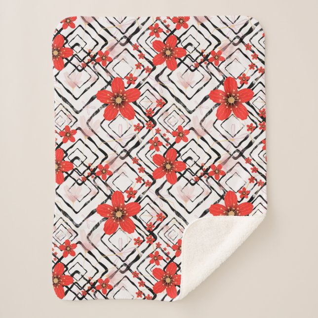 Cobertor Sherpa Flores vermelhas em fundo branco e preto. (Frente)