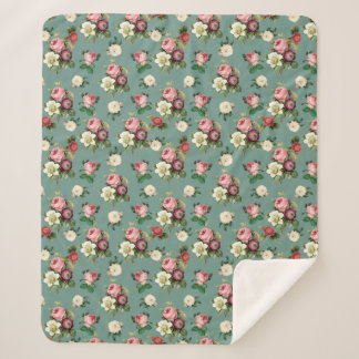 Cobertor Sherpa Flores Vintage no Azul Pedra, Impressão Floral Ret