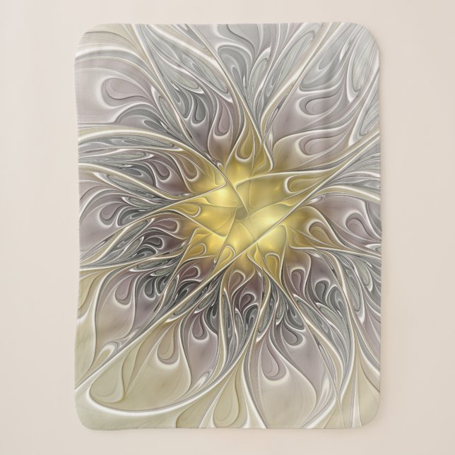 Cobertor Sherpa Florescer Com Flor Fractal Abstrata Moderna Dourad (Frente)