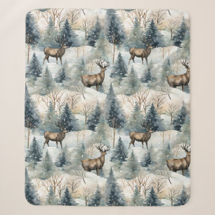 Cobertor Sherpa Floresta de Veados em Aquarela de Inverno (1)
