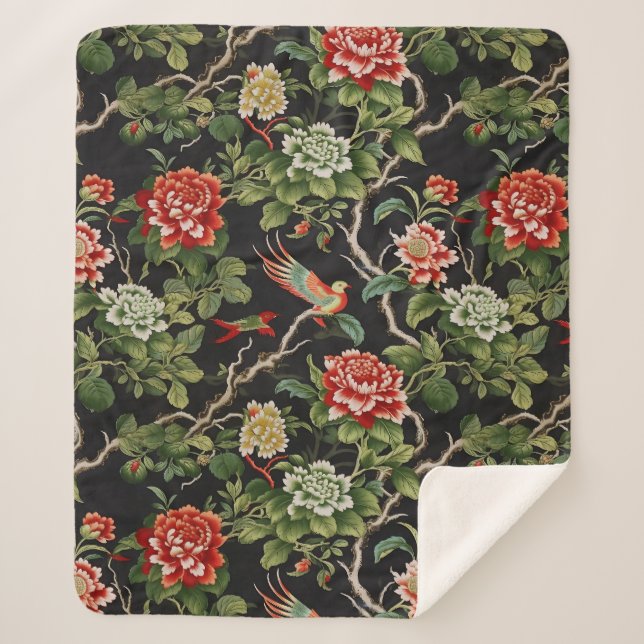 Cobertor Sherpa Flórida verde-vinfadada de chinoiserie (Frente)