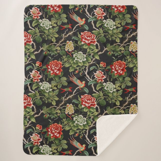 Cobertor Sherpa Flórida verde-vinfadada de chinoiserie (Frente)