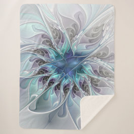 Cobertor Sherpa Flourar Abstrato Moderno Flor Fractal Com Azul