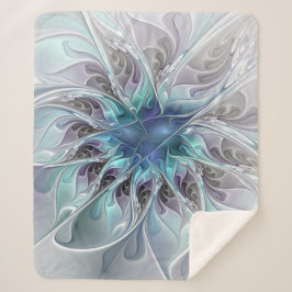 Cobertor Sherpa Flourar Abstrato Moderno Flor Fractal Com Azul