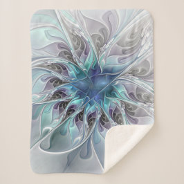 Cobertor Sherpa Flourar Abstrato Moderno Flor Fractal Com Azul