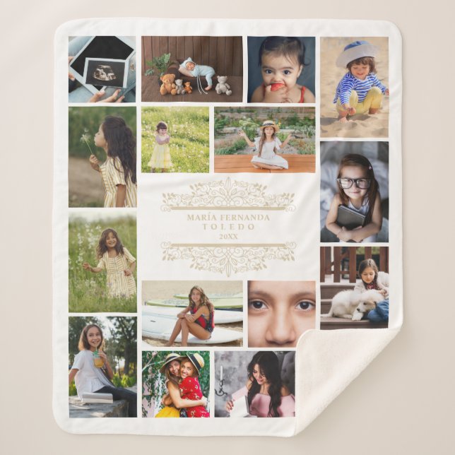 Cobertor Sherpa Flourish Collage 16 Photos Timeline Life XV Años (Frente)