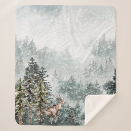 Cobertor Sherpa Foggy Mountain Snowy Winter Woodland Deer