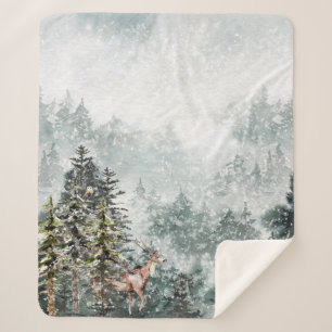 Cobertor Sherpa Foggy Mountain Snowy Winter Woodland Deer