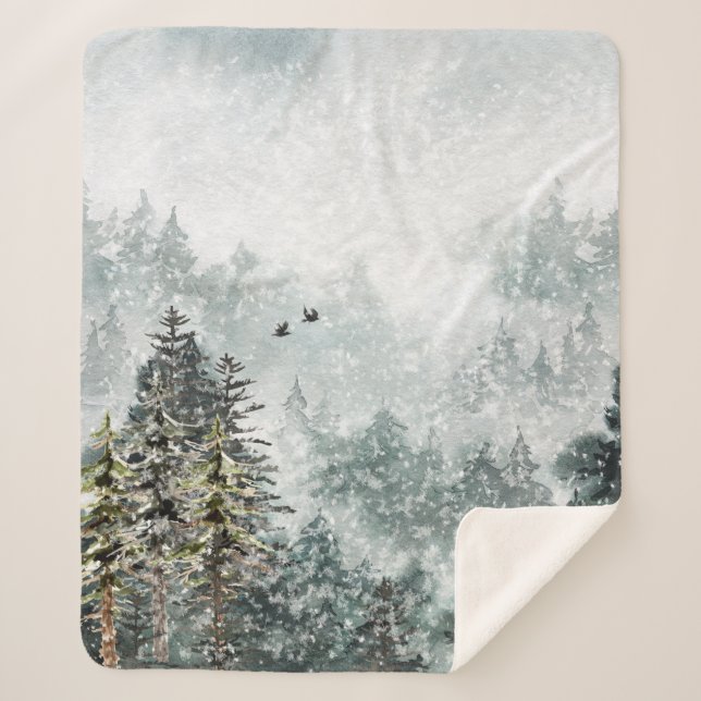 Cobertor Sherpa Foggy Mountain Snowy Winter Woodland Forest Ravens (Frente)