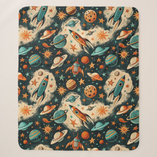 Cobertor Sherpa Foguete Cósmico Retro em Quadrinhos Teal Explosão