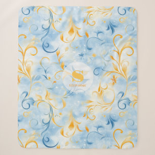 Cobertor Sherpa Folha Elegante Azul e Dourada Inspirada em Paisley