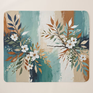 Cobertor Sherpa Folhas Coloridas Abstrato Floral Teal Blue Rust Ta