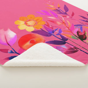 Cobertor Sherpa Folhas de Outono Florais em Aquarela Rosa Quente
