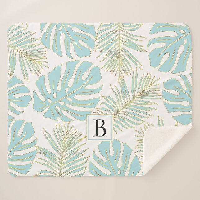 Cobertor Sherpa Folhas e monogramas azuis e douradas tropicais (Frente (Horizontal))