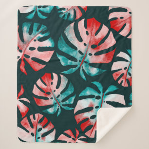 Cobertor Sherpa Folhas Tropicais abstrato, Aquarela Brilhante.