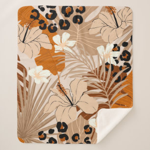 Cobertor Sherpa Folhas tropicais de pele-leopardo flores de hibisc
