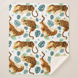 Cobertor Sherpa Folhas Tropicais de Tigres: Ilustração Vintage.