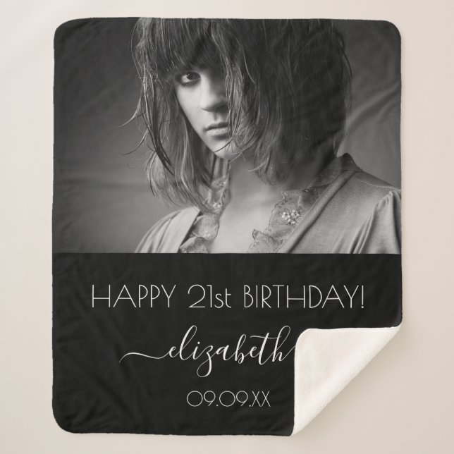 Cobertor Sherpa Foto branca-negra de aniversário moderna (Frente)