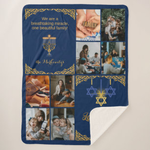 Cobertor Sherpa Foto da Família Dourada Milagre do Hanukkah Azul M