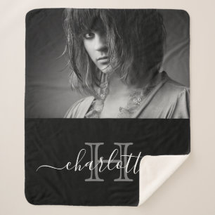 Cobertor Sherpa Foto do monograma de nome branco preto