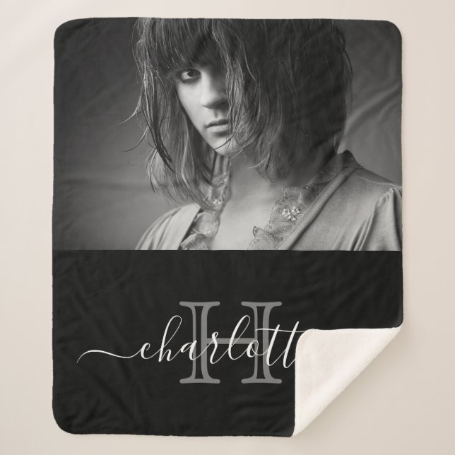 Cobertor Sherpa Foto do monograma de nome branco preto (Frente)