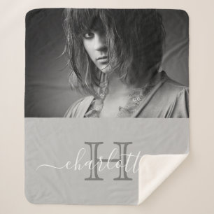 Cobertor Sherpa Fotomonograma personalizado cinza nome moderno scr