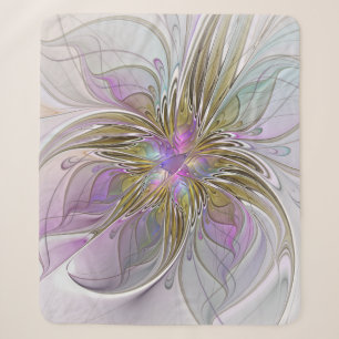 Cobertor Sherpa Fractal Abstrato Colorida Floral, Rosa E Dourada