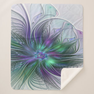 Cobertor Sherpa Fractal Abstrato de Arte Verde Roxo