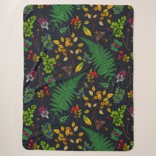 Cobertor Sherpa Framboesas, folhas e insetos de grafite preto