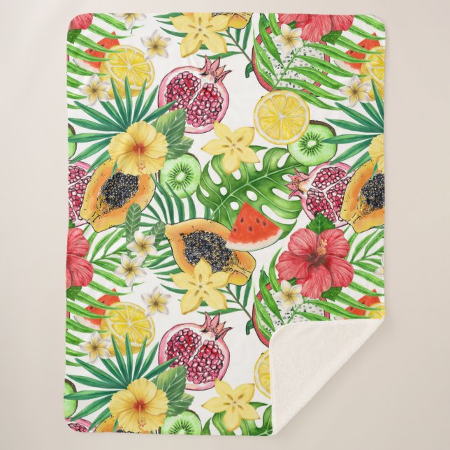 Cobertor Sherpa Frutas tropicais, flores e folhas em branco (Frente)