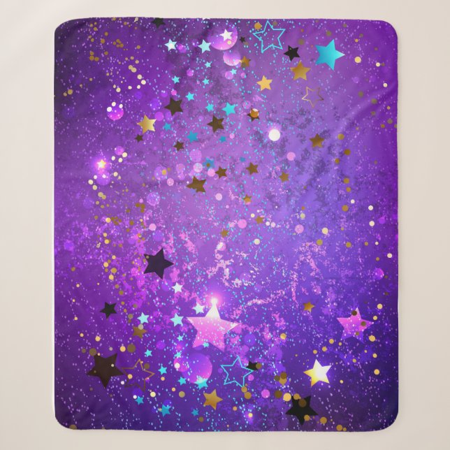 Cobertor Sherpa Fundo de folhas roxas com estrelas (Frente)