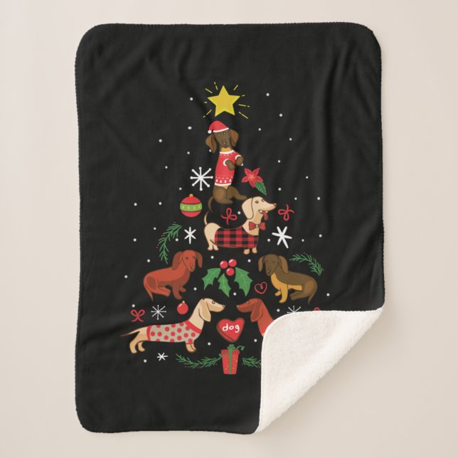 Cobertor Sherpa Funny Dachshund Christmas Tree (Frente)