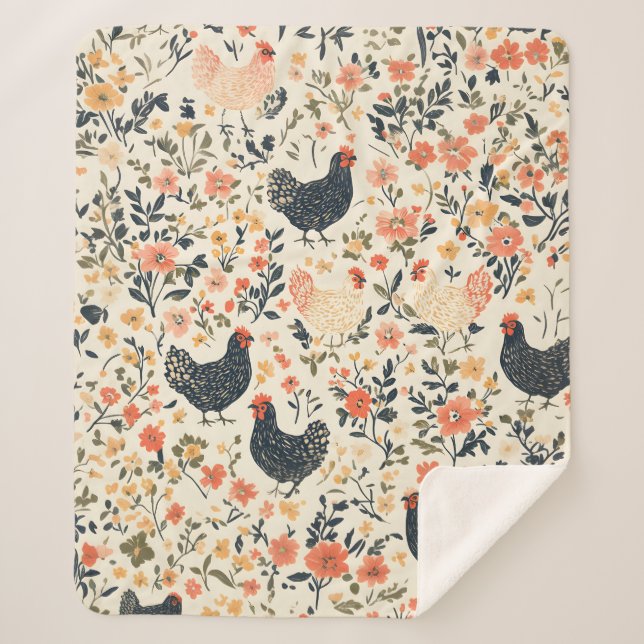 Cobertor Sherpa Galinhas fazendas, Galinhas \ Flores Algodão (Frente)