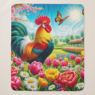 Cobertor Sherpa Galo floral/primavera/trabalho de arte de galinha