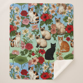 Cobertor Sherpa Garden Companions – Floral Cats in Bloom