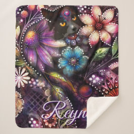 Cobertor Sherpa Garden Kitty Cat Floral Abstract Personalized