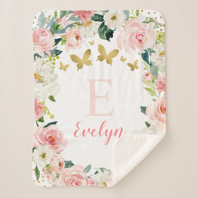 Cobertor Sherpa Garota Dourada rosa de borboleta (Frente)