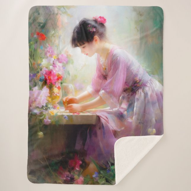 Cobertor Sherpa Garota no Jardim Flor (Frente)