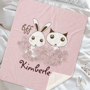 Cobertor Sherpa Gatinho Fofo Rosa e Amigos Animais Coelhinhos Cria