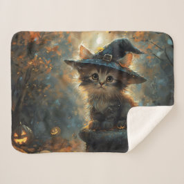 Cobertor Sherpa Gatinho Fofo Usando um Chapéu de Bruxa