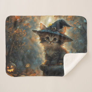 Cobertor Sherpa Gatinho Fofo Usando um Chapéu de Bruxa