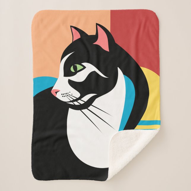 Cobertor Sherpa Gato Abstrato Preto e Branco (Frente)