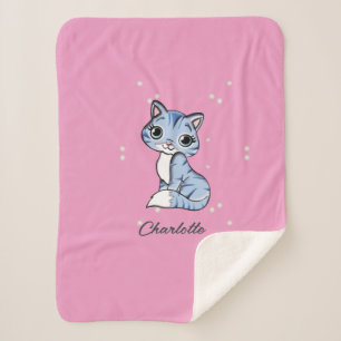 Cobertor Sherpa Gato azul bonito com nome personalizado rosa