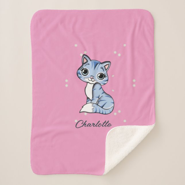 Cobertor Sherpa Gato azul bonito com nome personalizado rosa (Frente)