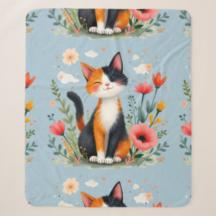 Cobertor Sherpa Gato Calico Sorridente em Jardim Florido