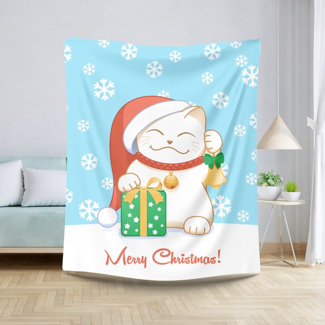 Cobertor Sherpa Gato de Natal Branco num Chapéu Vermelho (Criador carregado)