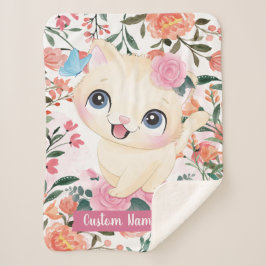Cobertor Sherpa Gato Fofo Rosas Cor-de-rosa Flores Vermelhas Nome