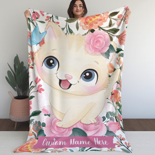 Cobertor Sherpa Gato Fofo Rosas Rosa Flores Nome Personalizado